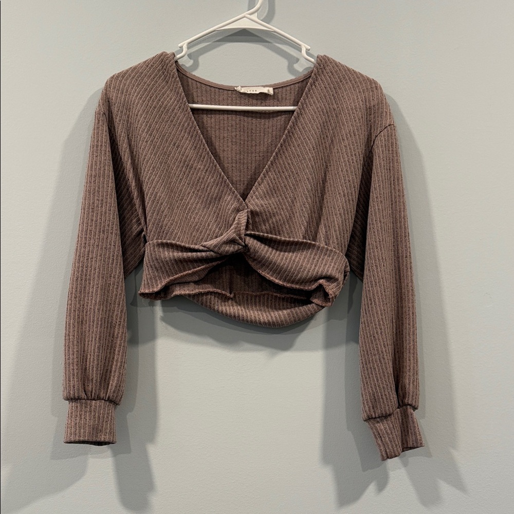 Lush Ribbed Knot Front Crop Top - Taupe